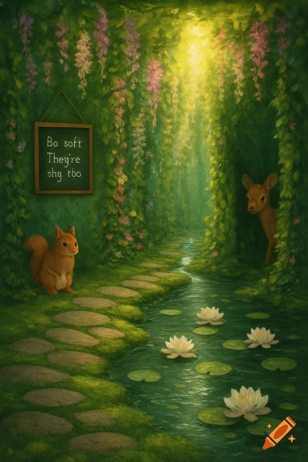 A whimsical, illustrated forest scene with a squirrel, deer, stream, water lilies, and a chalkboard sign.
