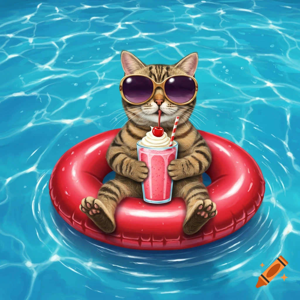 A cute cartoon tabby cat floats in a red inner tube in a blue swimming pool, wearing sunglasses and drinking a pink smoothie.