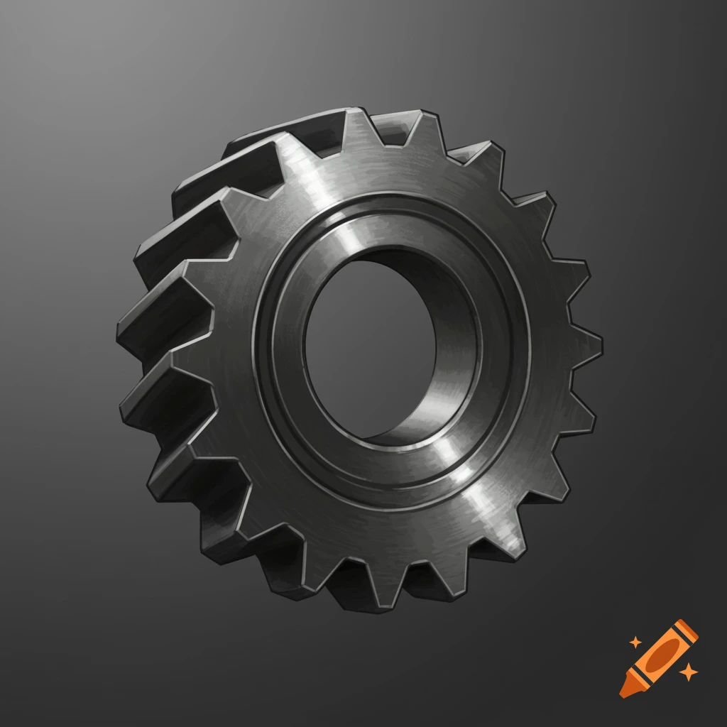 A grey metallic cog on a dark grey background, rendered in a 2D illustration style.