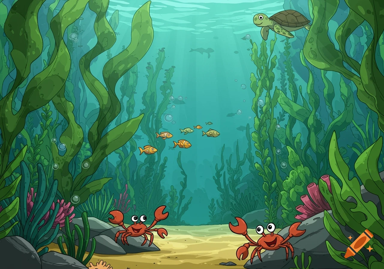 A whimsical cartoon underwater scene with two happy red crabs, a sea turtle, and schools of fish swimming among tall green kelp and seaweed.