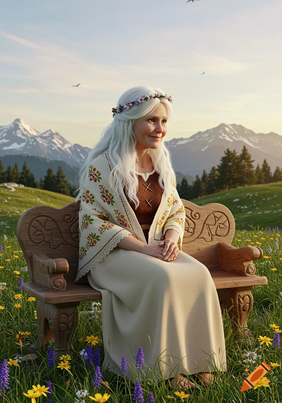An old woman with long white hair and a flower crown sits on a wooden bench in a vibrant green meadow with mountains in the background.