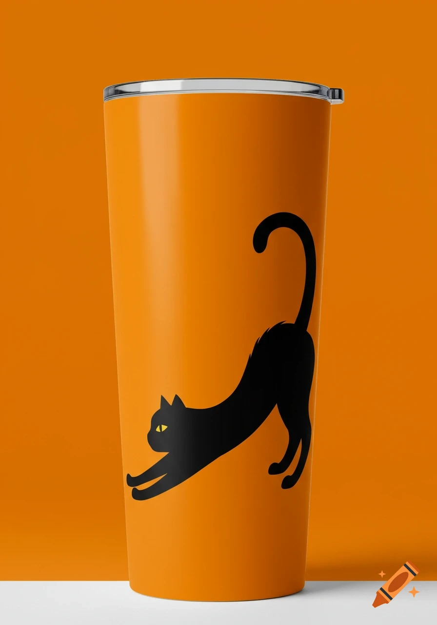 A minimalist Halloween tumbler with a black cat silhouette on an orange background.