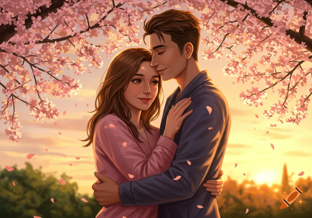 Illustration of a couple embracing under cherry blossoms with a sunset background.
