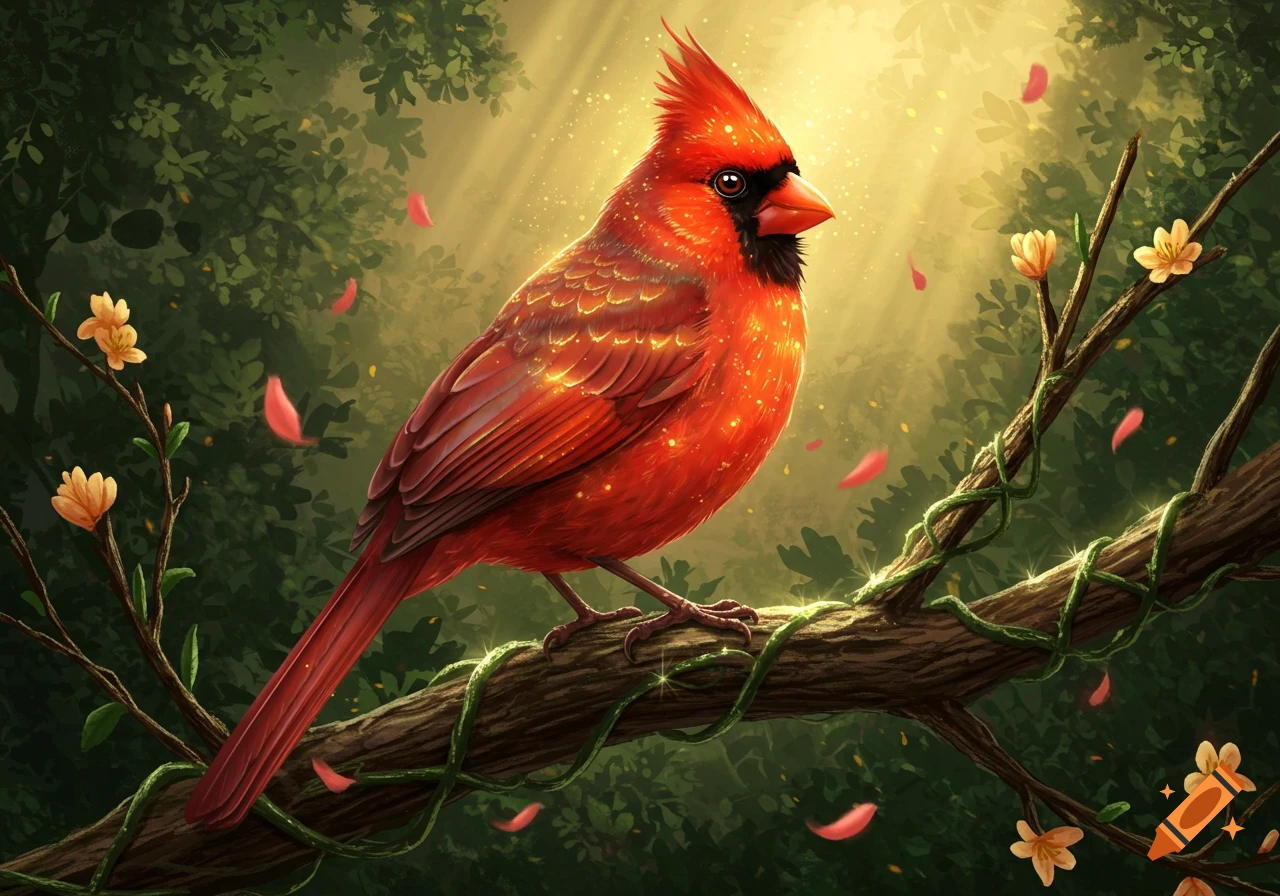 A vibrant red cardinal bird with glowing feathers perched on a mossy branch in a sunlit forest with pink petals falling.