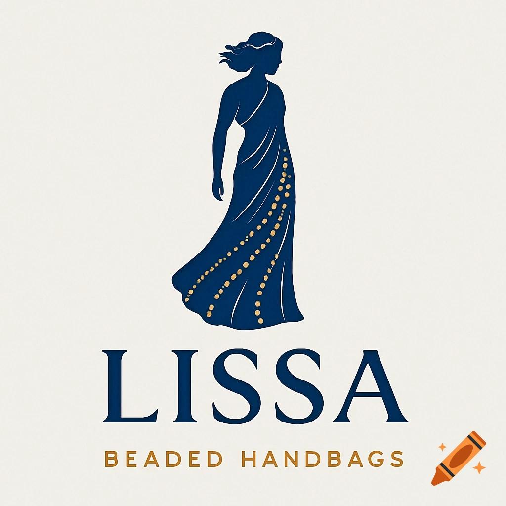 A logo featuring a dark blue silhouette of a woman in a flowing dress with golden beads, above the text "LISSA" and "BEADED HANDBAGS" on a cream background.
