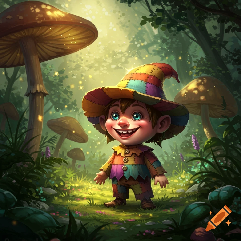 A small, smiling cartoon character with a colorful patchwork hat stands in a magical forest with glowing mushrooms.