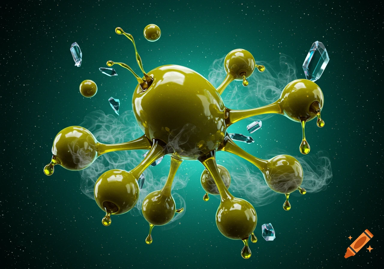 A glossy, green, olive-shaped molecule with branching spheres dripping oil, surrounded by floating crystals and smoke on a dark teal background.