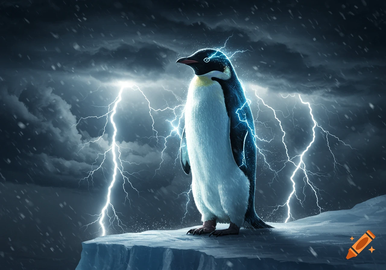 A penguin stands on an icy cliff, glowing with blue electricity amidst a stormy sky with dramatic lightning and falling snow.