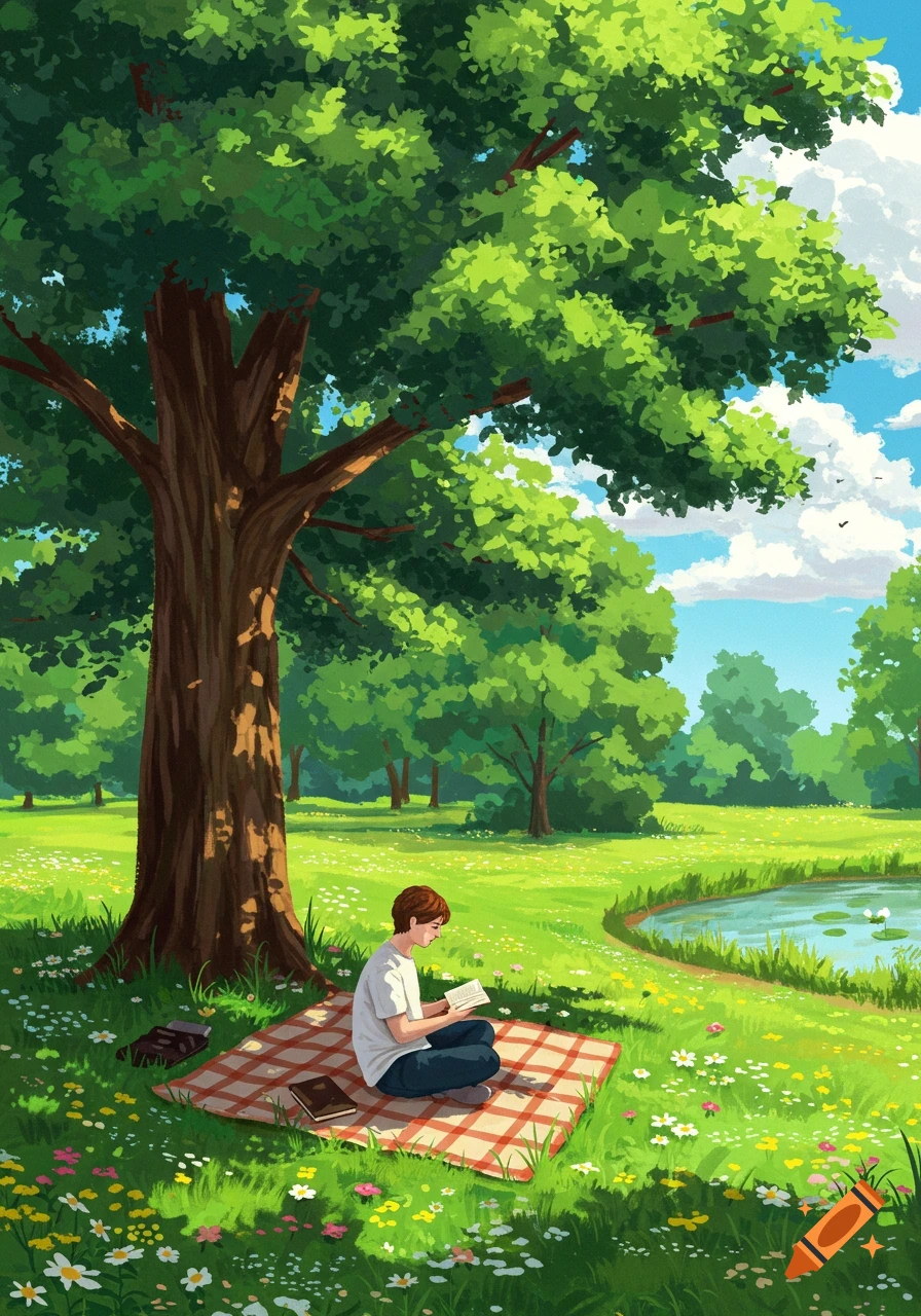 A person sits on a checkered blanket under a large tree in a vibrant, green park, reading a book next to a pond. Illustration style.