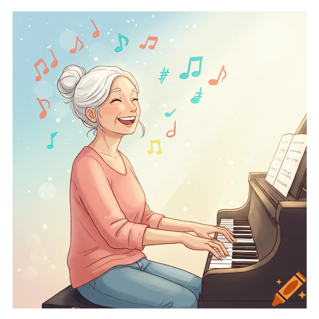 A joyful older woman with white hair plays piano, surrounded by colorful floating music notes, in a cheerful cartoon style.
