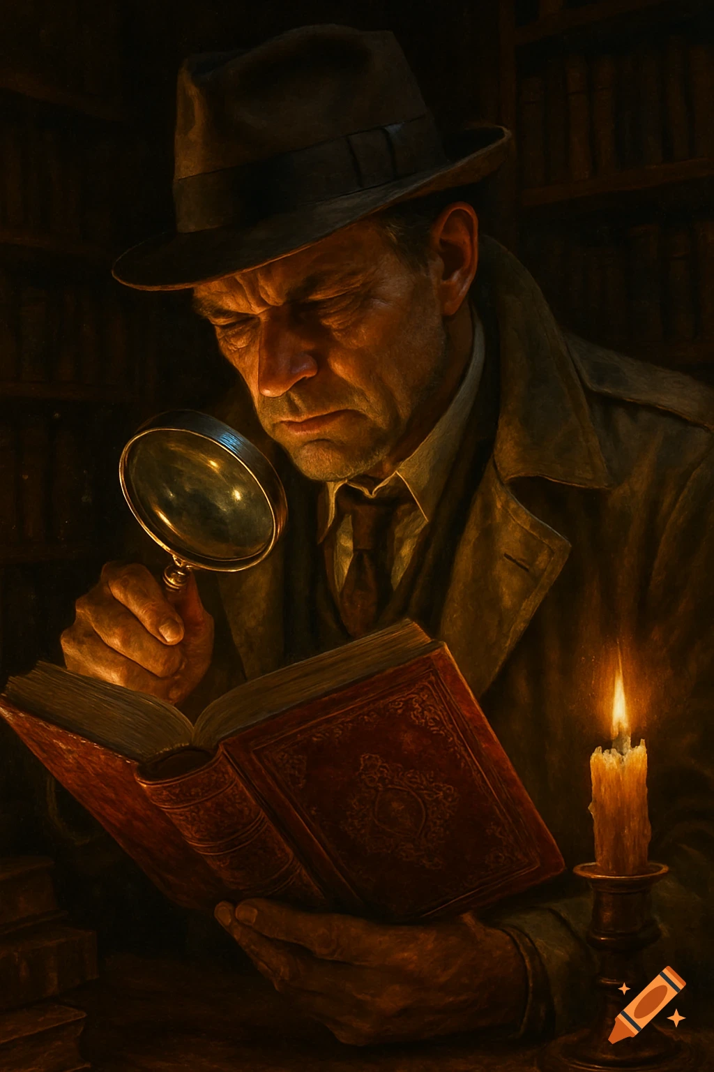A dark, painterly portrait of a detective in a fedora and trench coat, illuminated by candlelight, intently examining a book with a magnifying glass.