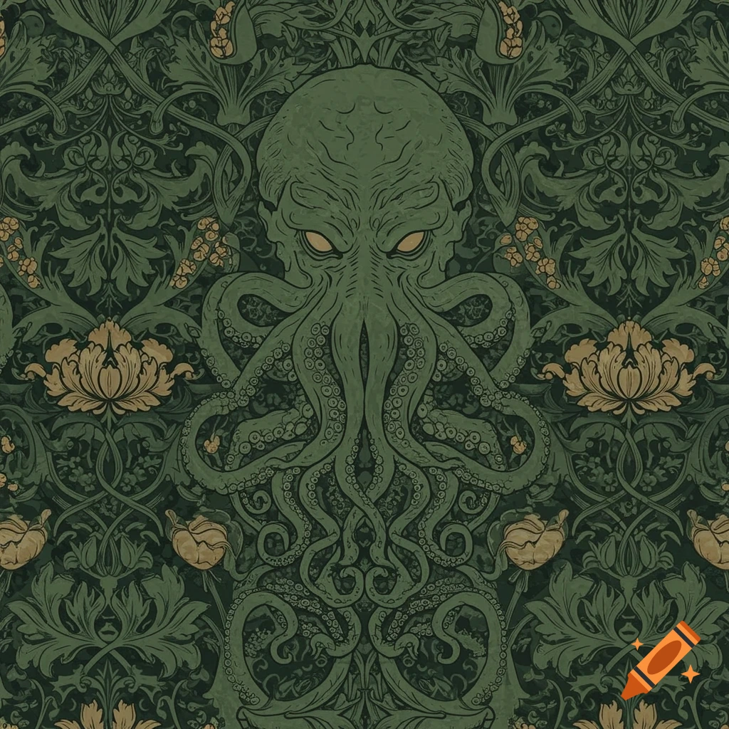 A dark green and gold wallpaper pattern featuring a Cthulhu-like creature with tentacles and glowing eyes amidst intricate floral and vine designs.