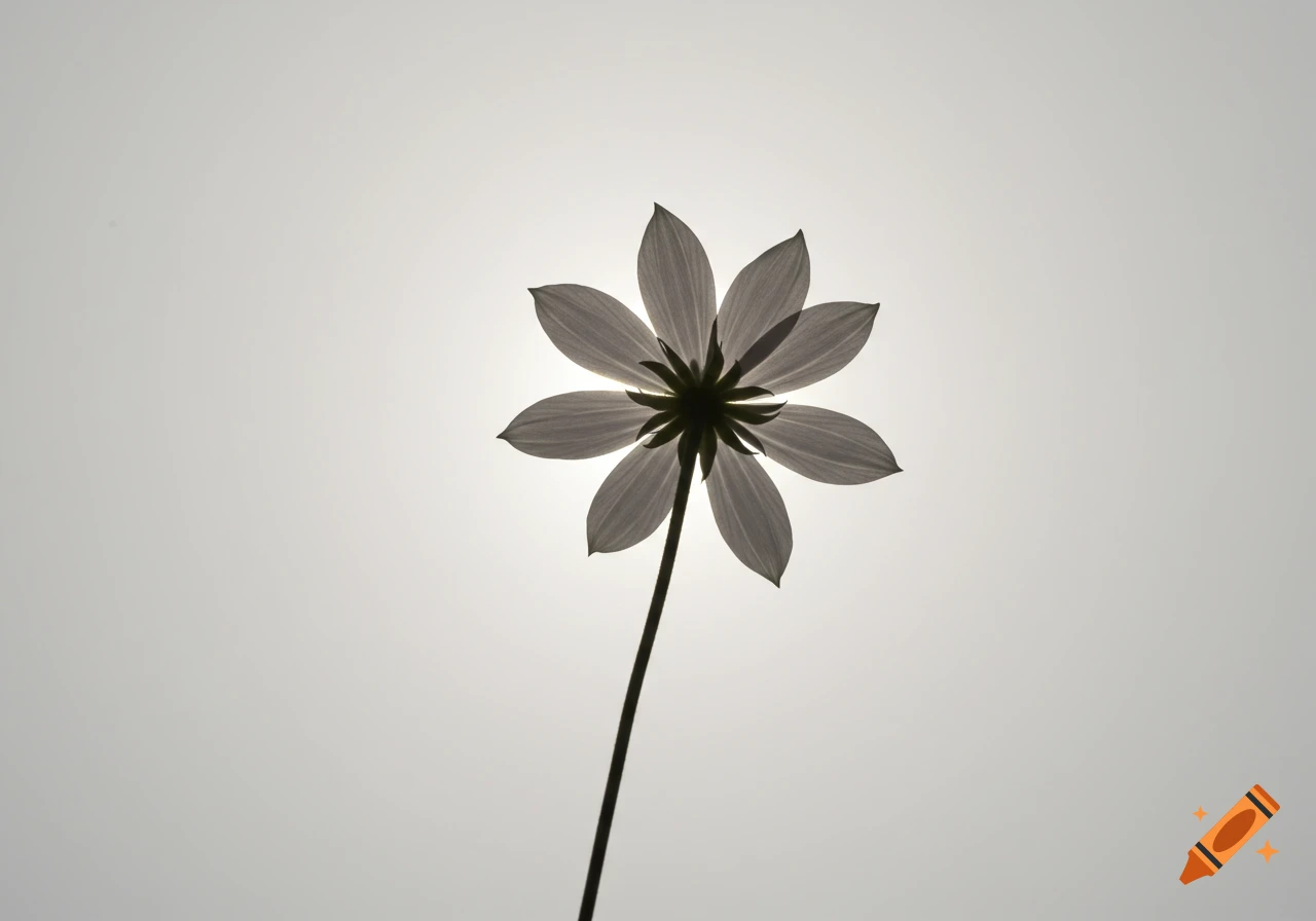 A backlit white flower silhouette with seven petals against a bright background.