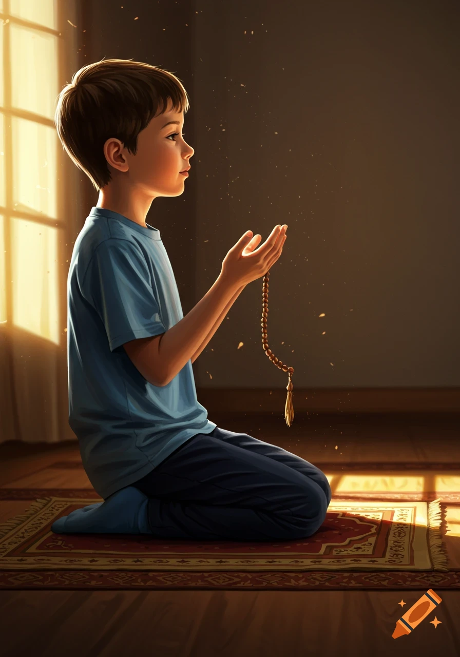 A young boy kneels on a prayer mat, hands raised in supplication and holding prayer beads, illuminated by sunlight from a window.