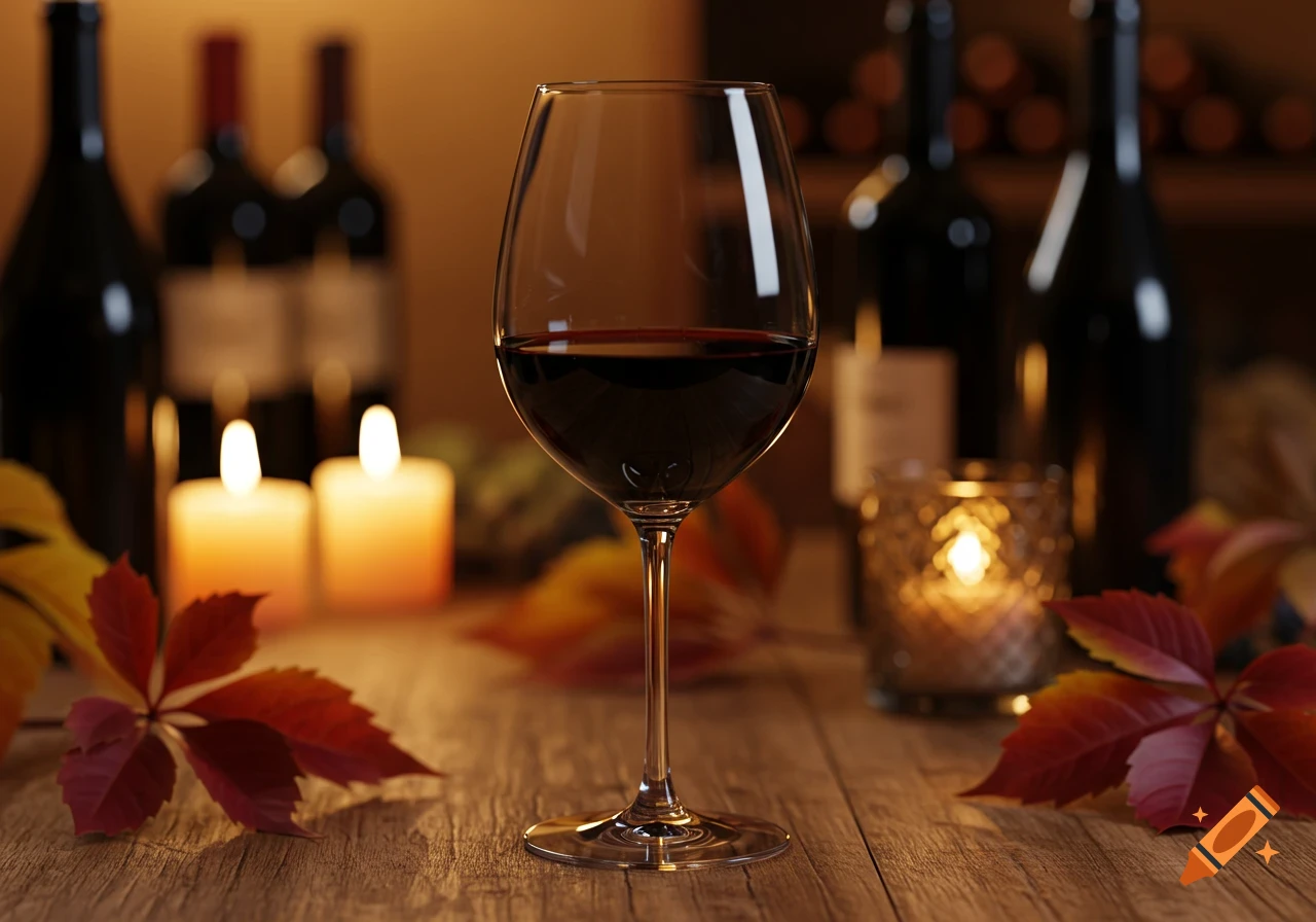A photorealistic still life of a glass of red wine, surrounded by wine bottles, lit candles, and autumn leaves on a wooden table.