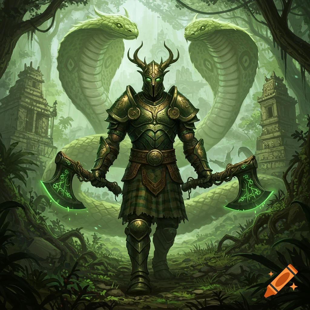 A green armored warrior with glowing eyes and antlers wields two glowing axes, standing in a jungle with giant green cobras and ancient ruins.