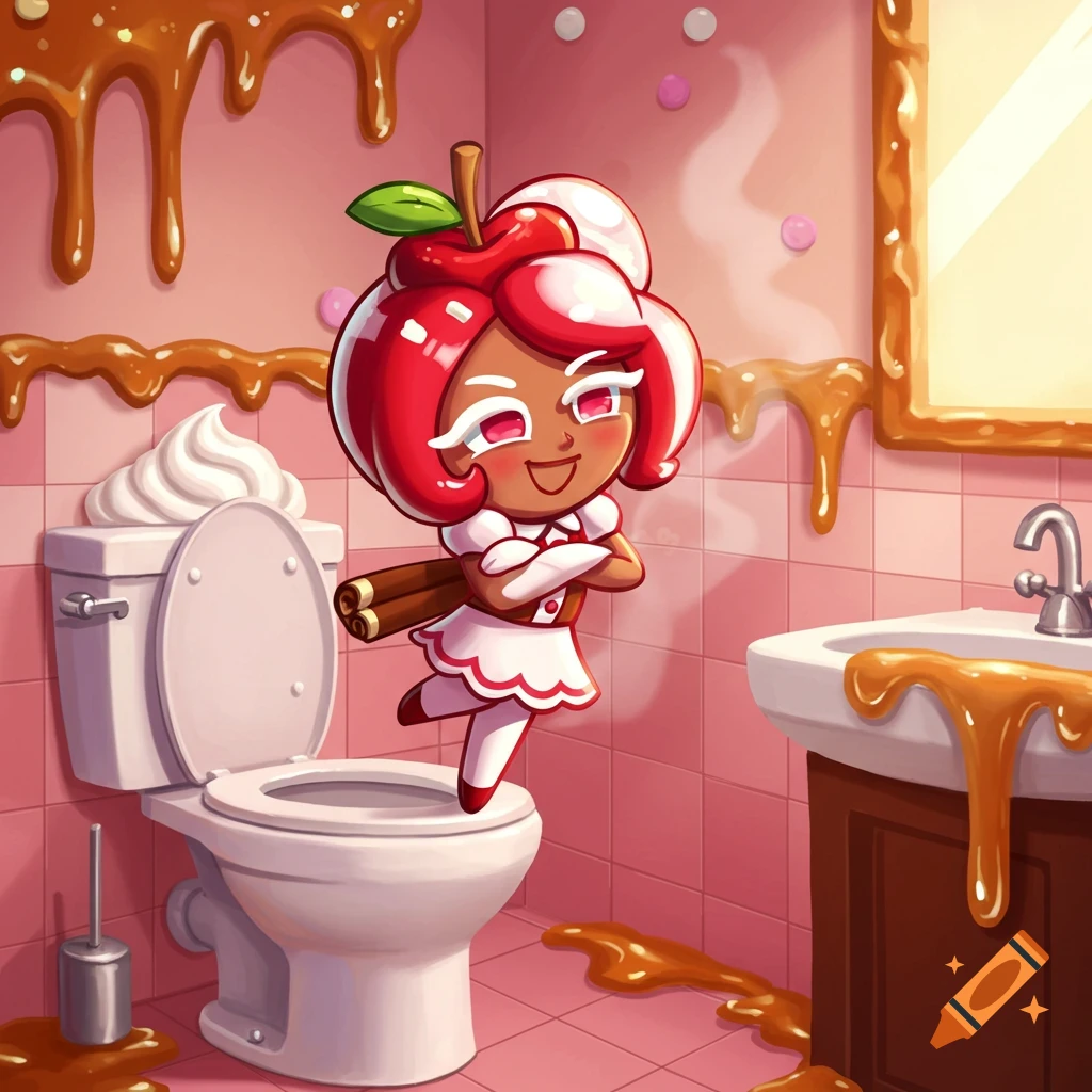 Candy Apple Cookie from Cookie Run Kingdom standing playfully in a pink bathroom covered in dripping caramel and whipped cream.
