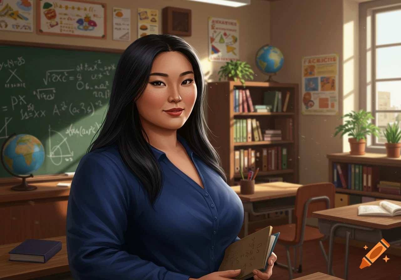 A smiling Asian female teacher with long black hair, wearing a blue shirt, stands in a classroom holding a book, with a blackboard and globes in the background. Photorealistic art.