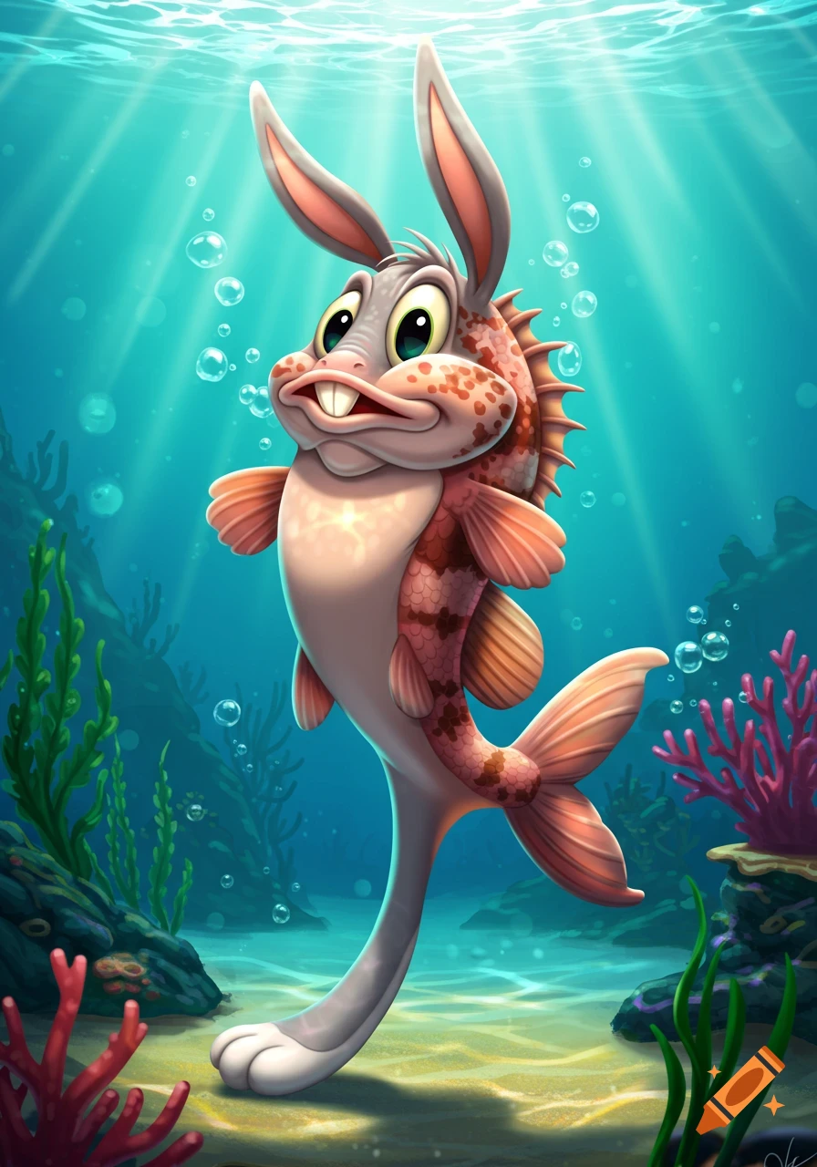 Cartoon fish-rabbit hybrid in Bugs Bunny style standing on its tail underwater with coral and bubbles.