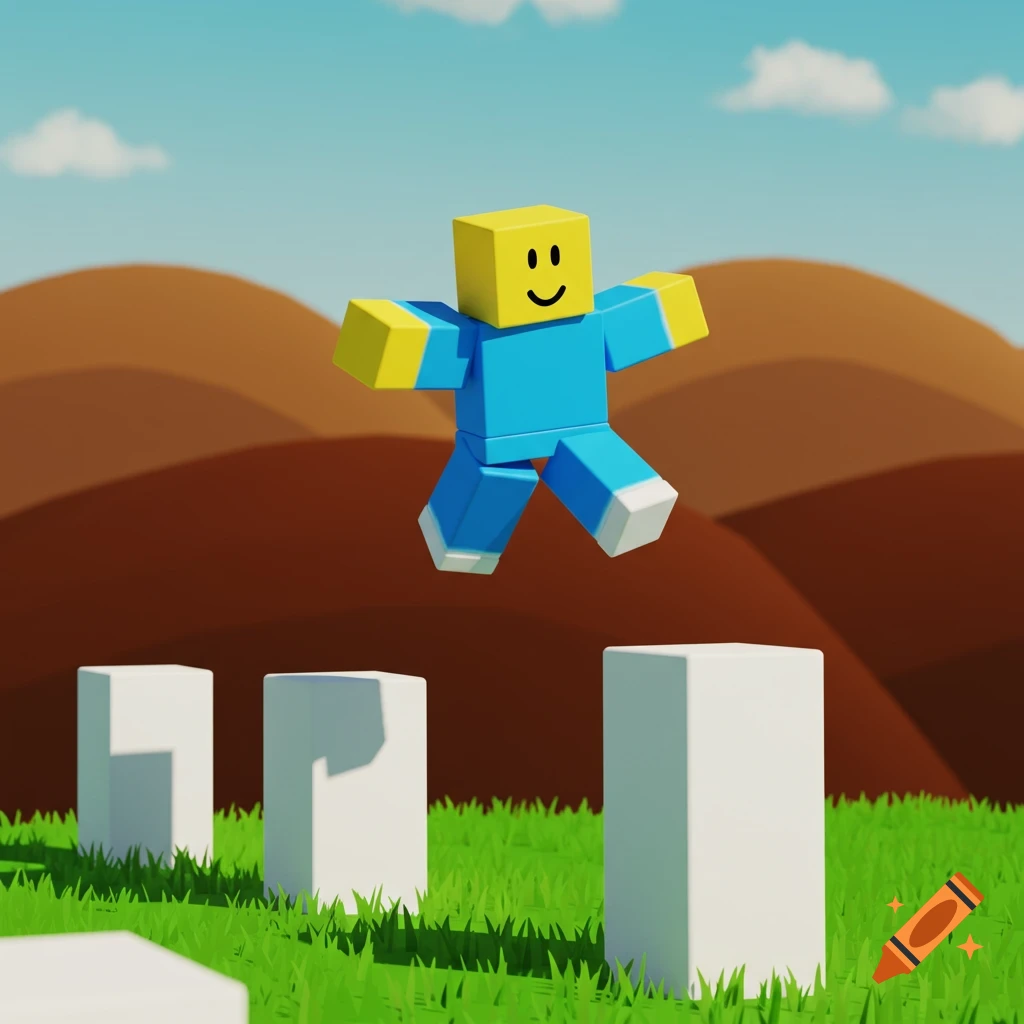A 3D render of a blue and yellow Roblox 'Noob' character jumping over white pillars in a grassy field with brown hills under a blue sky.