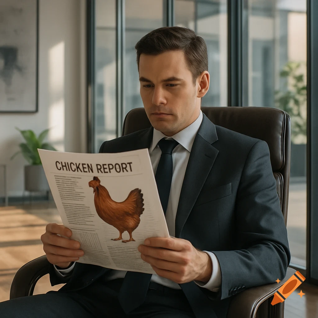 A photorealistic image of a businessman in a suit sitting in an office, intently reading a document titled 'CHICKEN REPORT' featuring a chicken.
