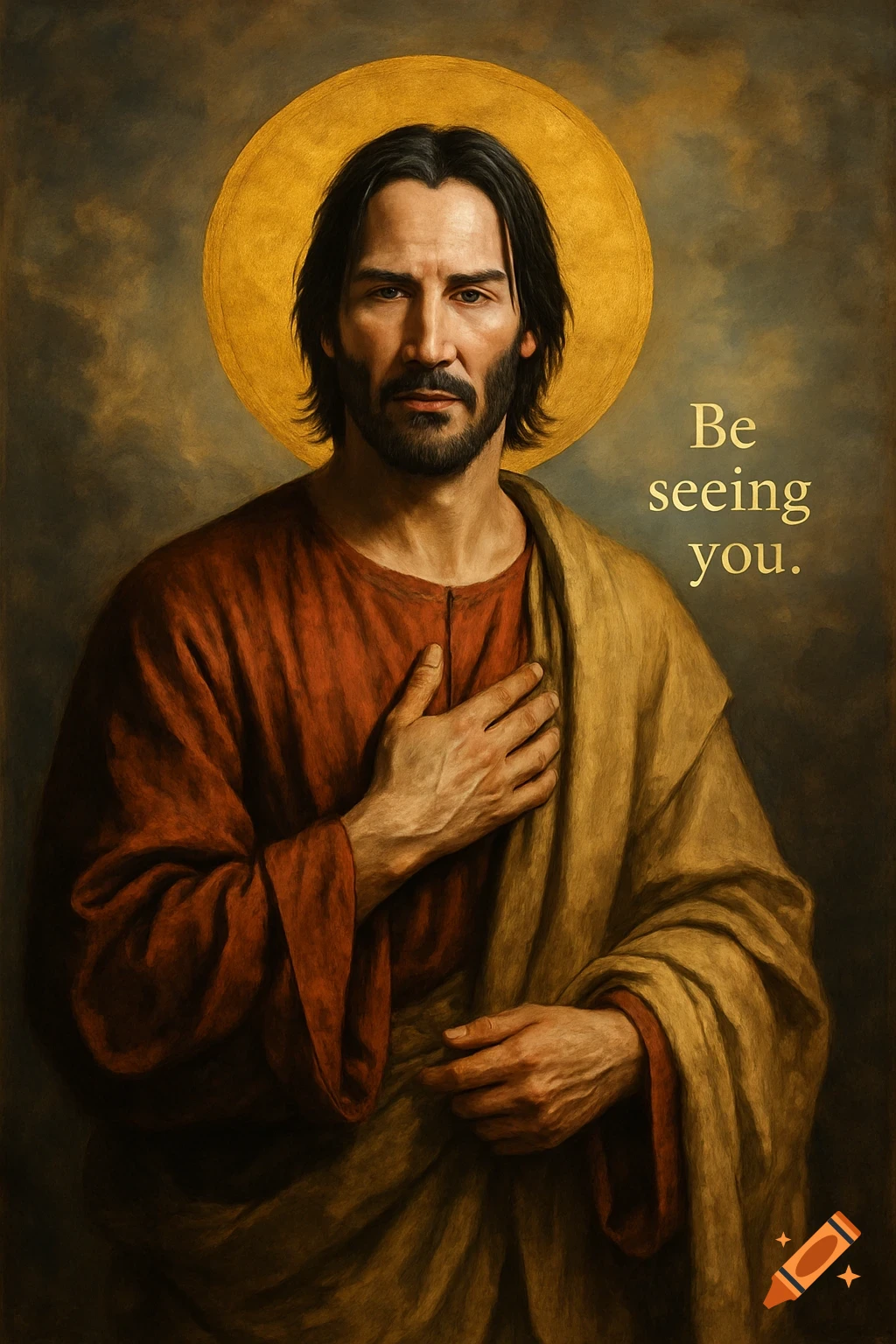 Painting of Keanu Reeves as Jesus Christ with a halo, wearing a red tunic and tan cloak, hand on chest. Text reads 'Be seeing you.'