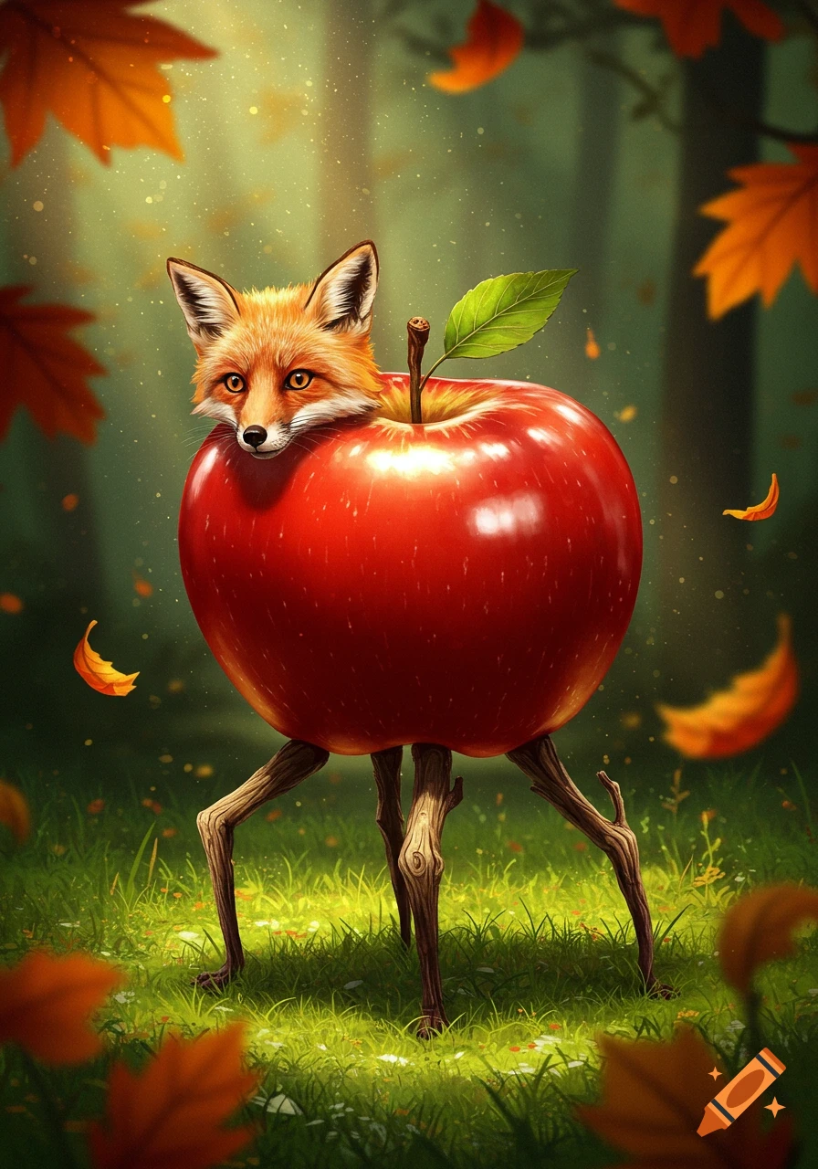 A whimsical fox with an apple for a body and stick legs stands in a sunny, autumn forest with falling leaves.