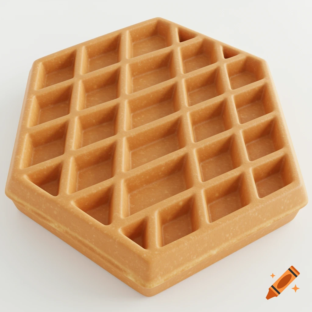 A golden hexagonal Belgian waffle with a grid pattern on a white background.