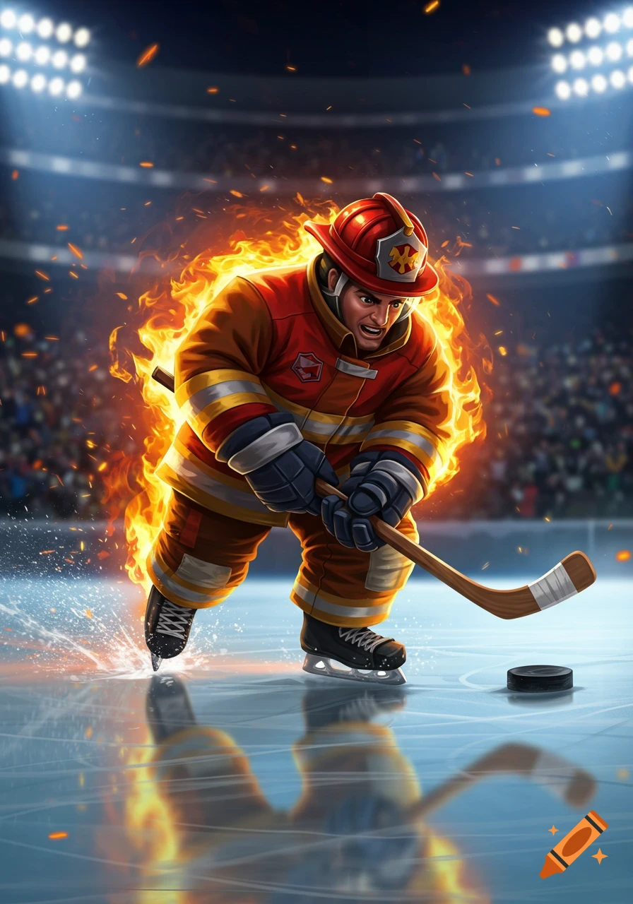 Animated firefighter engulfed in flames playing ice hockey in a stadium.