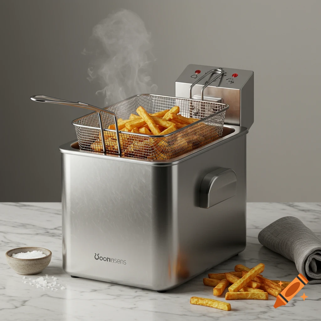 A photorealistic image of a stainless steel deep fryer filled with golden french fries, steaming on a marble countertop. A small bowl of salt and scattered fries are nearby.