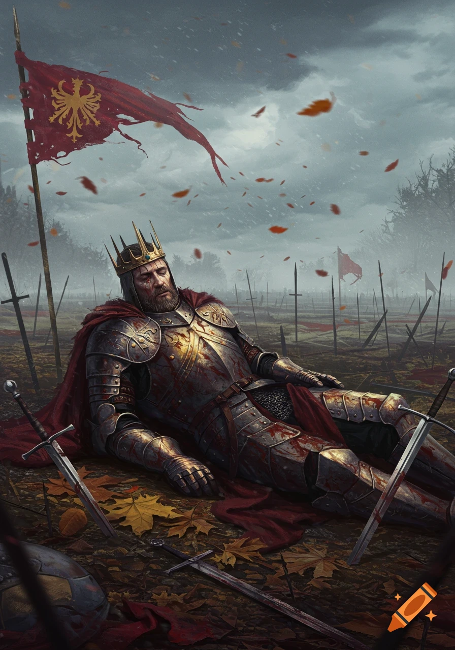 A fallen king in blood-splattered gold and silver armor lies defeated on a muddy battlefield, surrounded by swords stuck in the ground under a stormy sky.