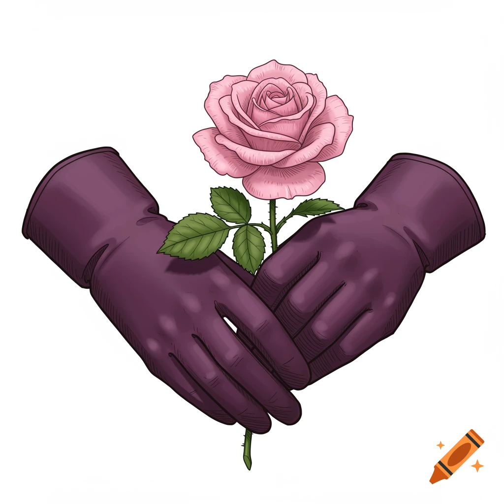 Two hands in dark purple gloves cradle a pink rose in an illustration style on a white background.