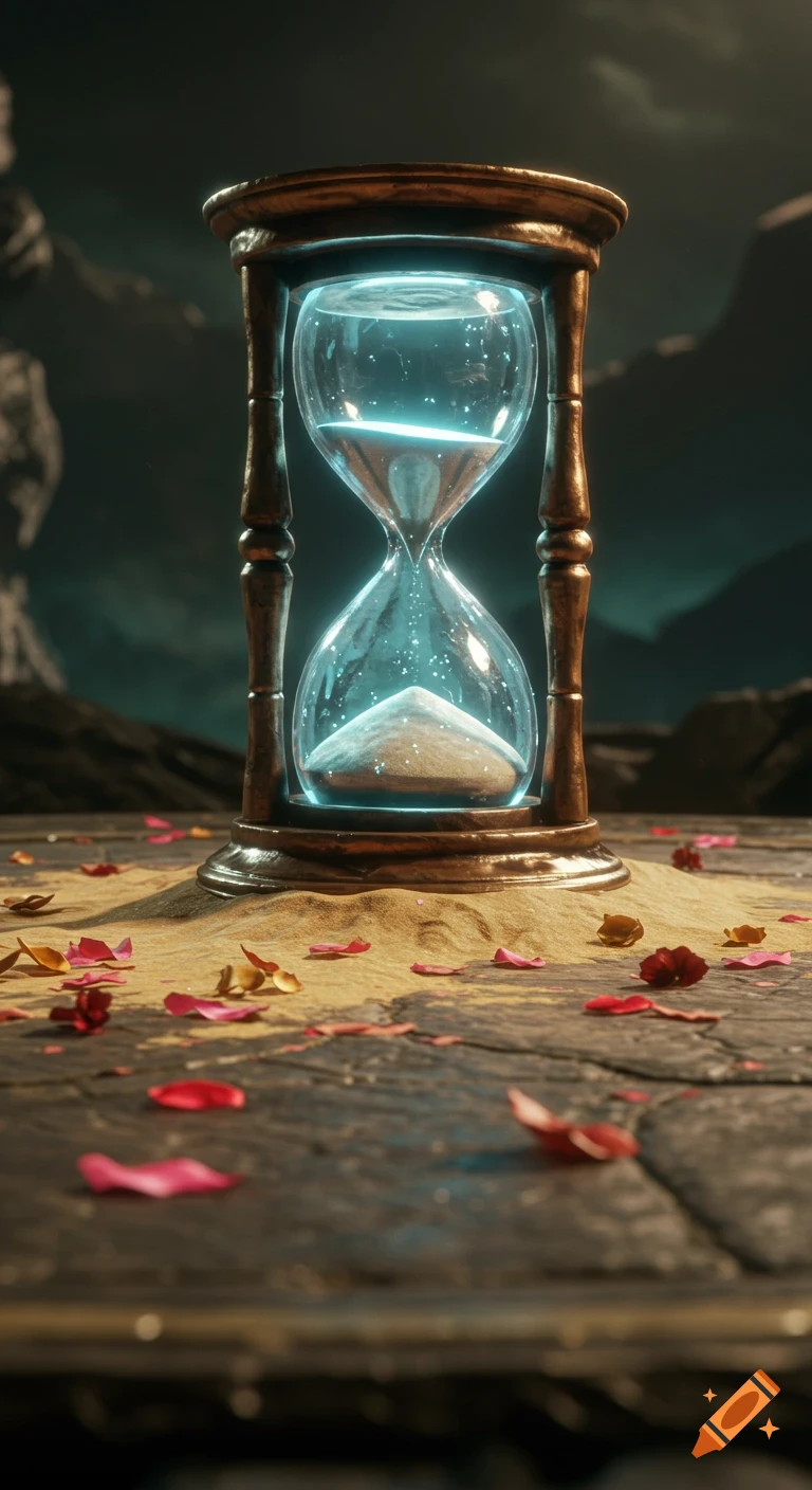A glowing hourglass with blue sand on a sandy, rocky surface with scattered petals, against a dark mountainous background.