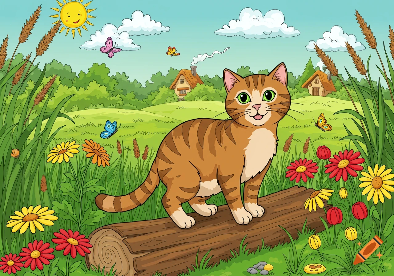 A cute cartoon orange tabby cat with green eyes stands on a log in a sunny meadow with flowers, butterflies, and distant cottages.