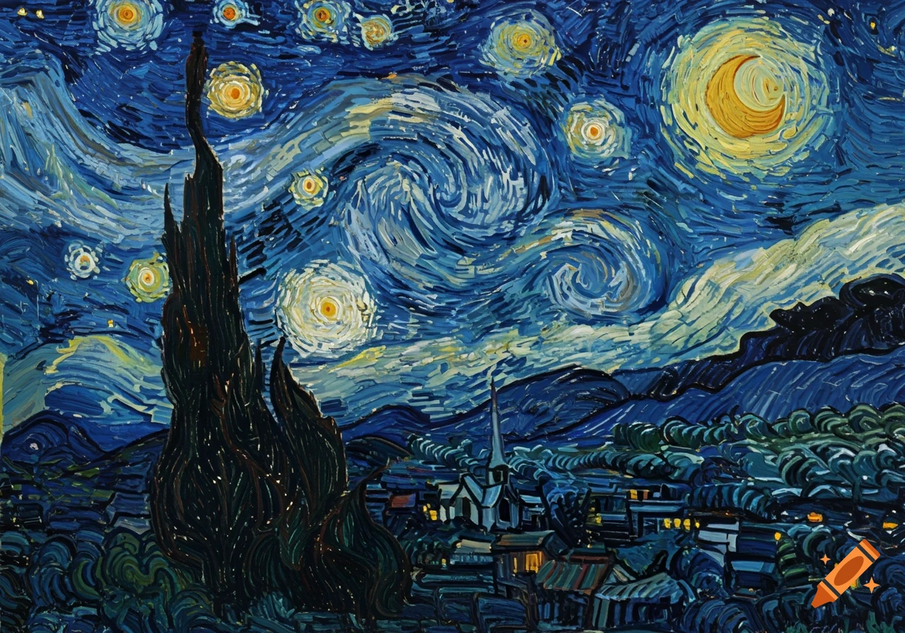 A vibrant, expressive painting in Van Gogh's style, showing a dark cypress tree under a swirling blue night sky with bright stars and a crescent moon, overlooking a small village with a church steeple.
