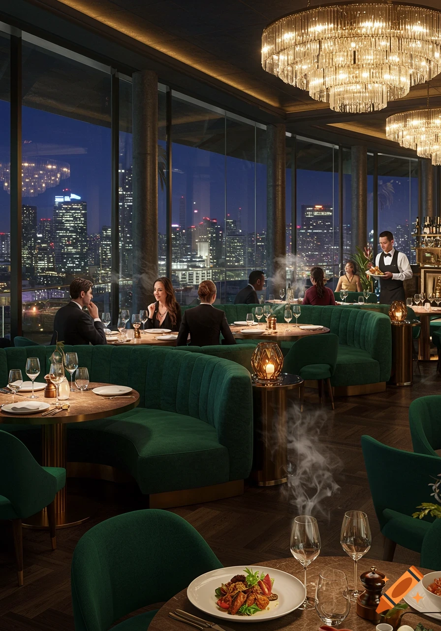 Luxurious restaurant with green velvet booths, people dining, and large windows overlooking a city skyline at night.