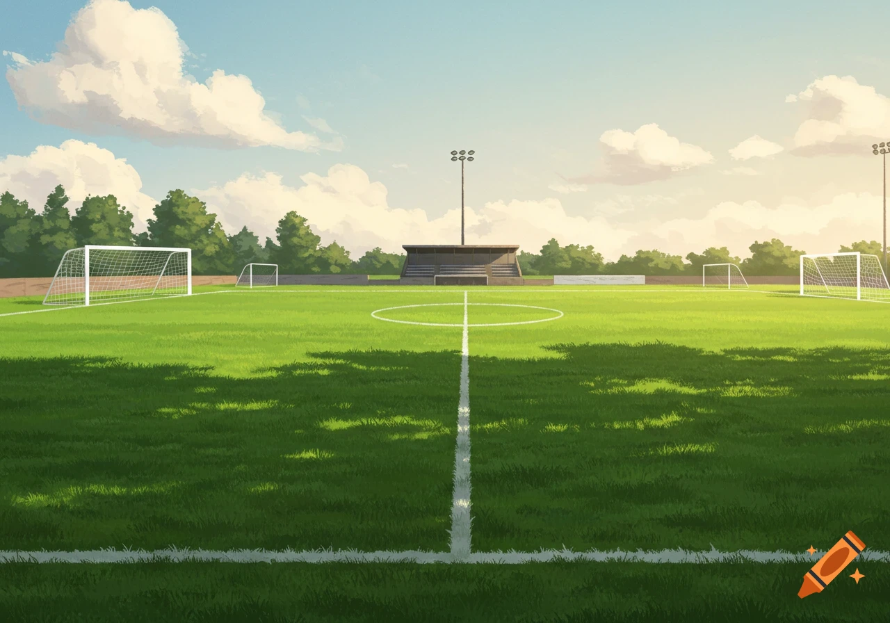 A vibrant green soccer field with white markings, goalposts, a bleacher, and trees under a cloudy blue sky with soft light, in an illustrative style.