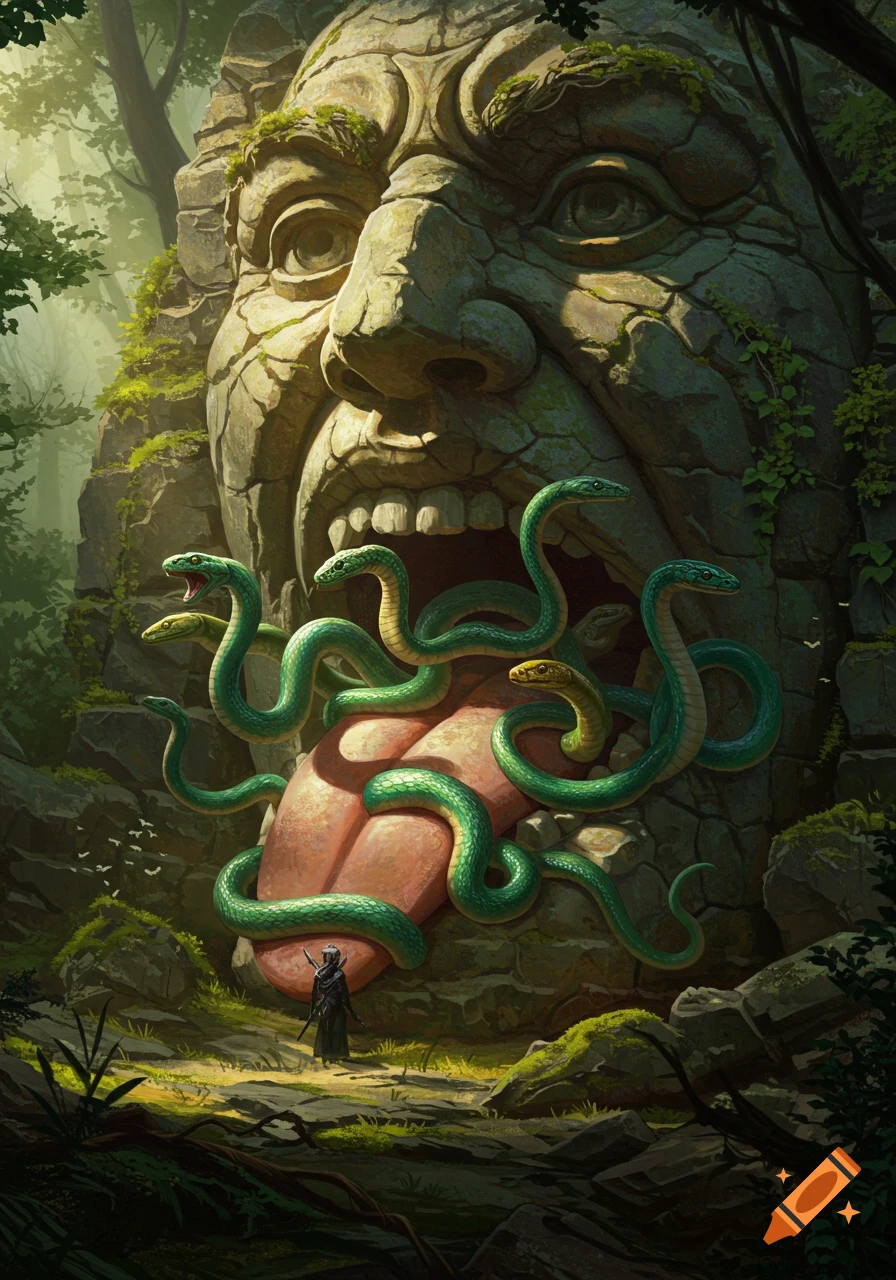 A giant mossy stone face carved into a forest cliff, with green serpents emerging from its mouth onto its tongue. A small figure stands below.