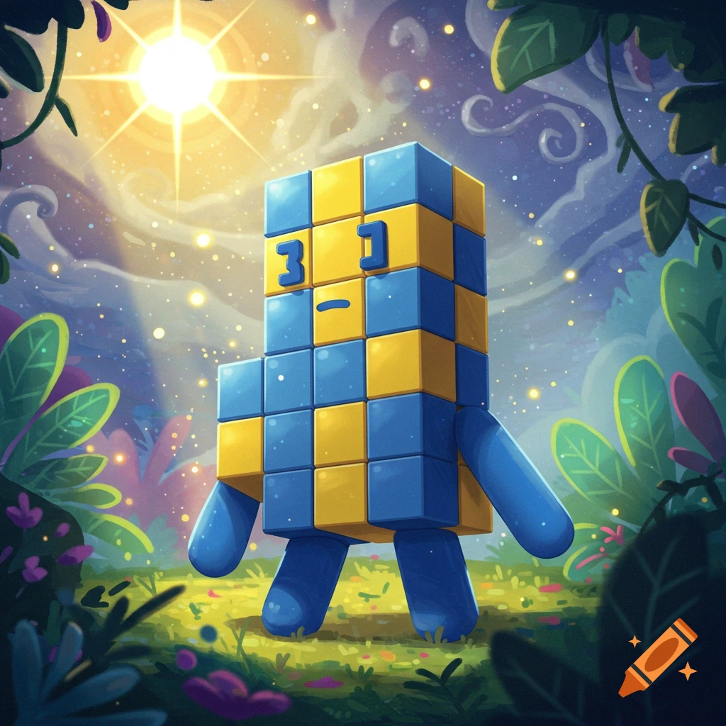 A blue and yellow block character resembling '31' stands in a vibrant, glowing fantasy forest under a bright sun.