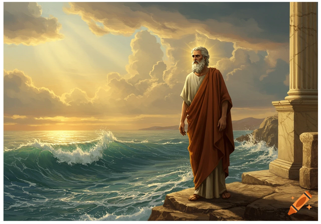 A bearded man in ancient robes stands on a rocky cliff overlooking a stormy sea at sunset, next to a classical column.