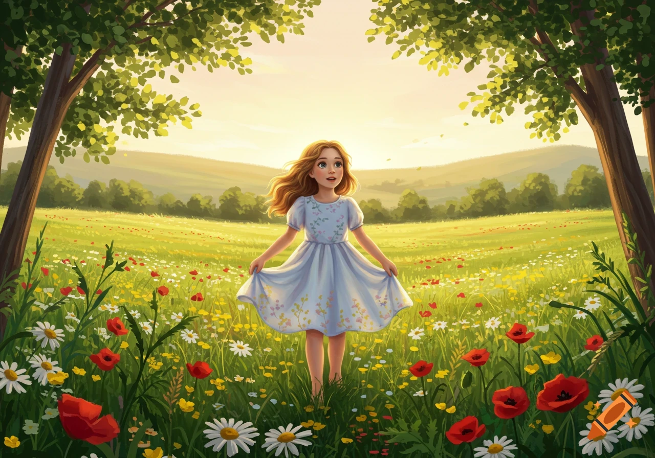 An illustrated young girl in a blue sundress stands in a vibrant green field filled with colorful wildflowers under a bright sky, framed by trees.