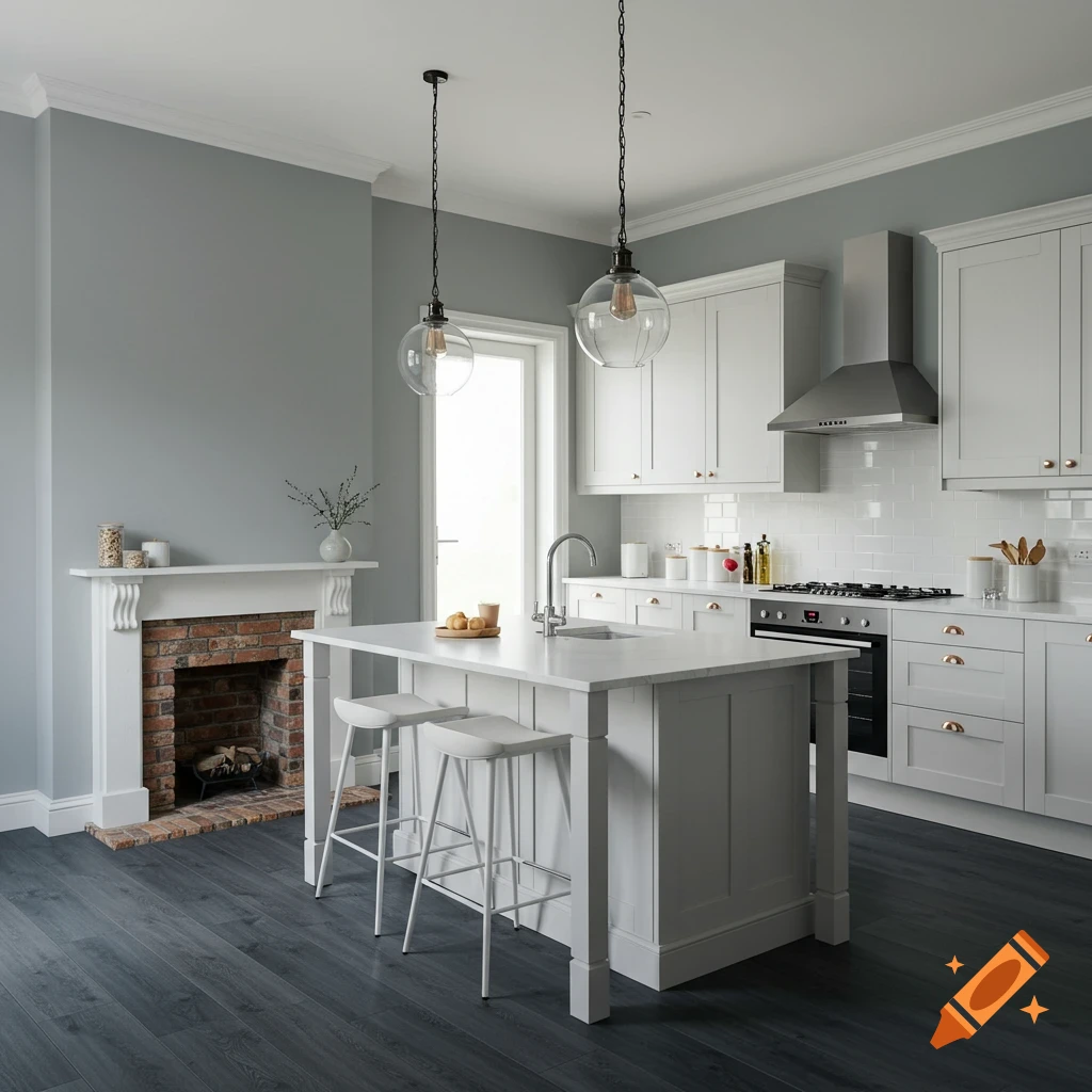 A modern kitchen with light gray walls, dark gray floors, a white island, white cabinets, and a brick fireplace.