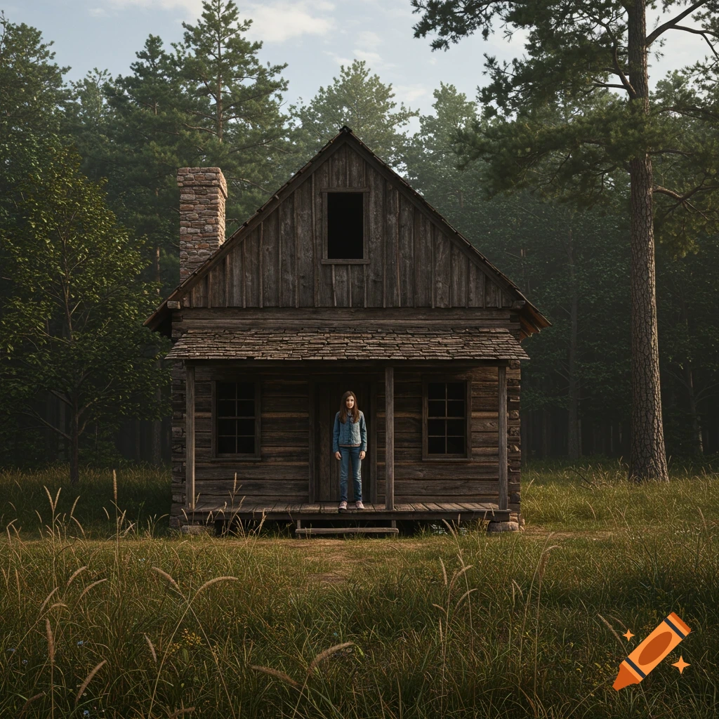A photorealistic image of a girl in a denim jacket and jeans standing on the porch of an old wooden cabin surrounded by a dense forest and tall grass.