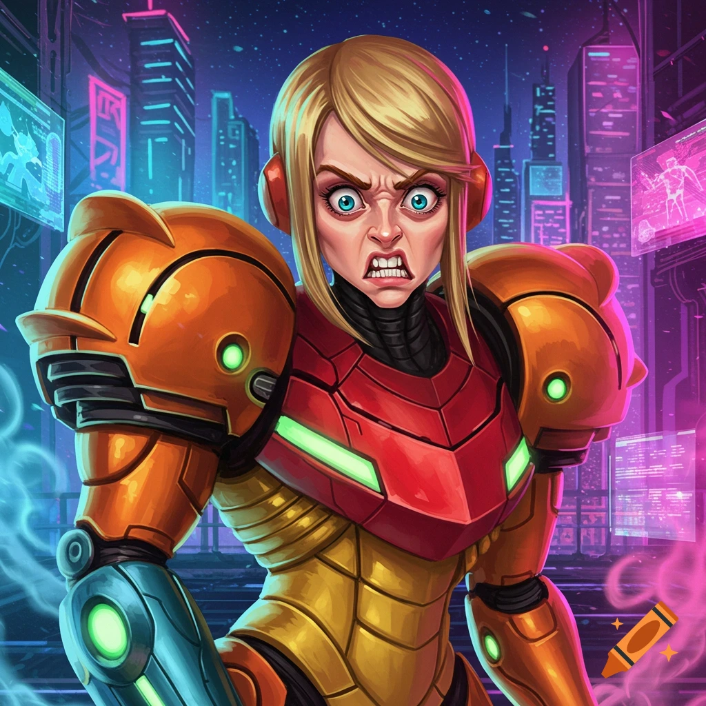 An angry Samus from Metroid in her power suit, in a neon-lit cyberpunk city. The illustration features a stylized, cartoonish art style.