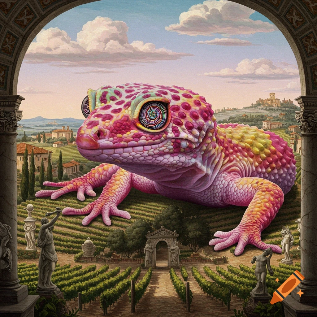 A giant, vibrant pink and yellow gecko with spiral eyes sits in an Italian vineyard, framed by a classical archway.