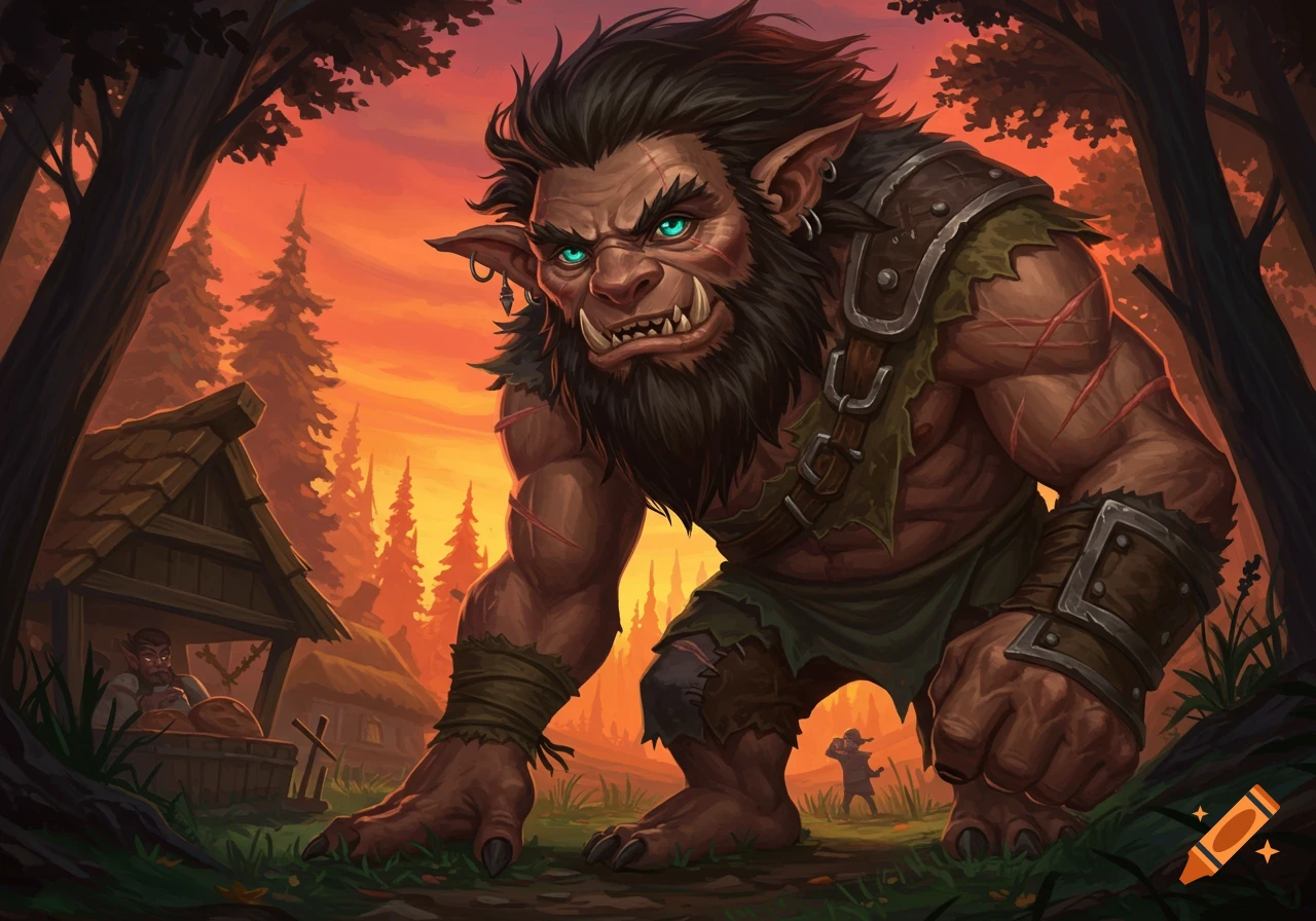 A large, muscular, green-eyed fantasy creature with tusks and a beard crouches in a forest at sunset, with a hut in the background.