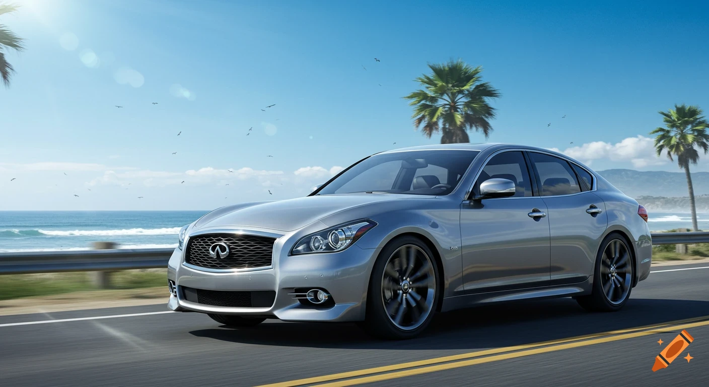 A silver 2012 Infiniti M37s drives along a coastal road with palm trees and the ocean in the background under a clear blue sky.