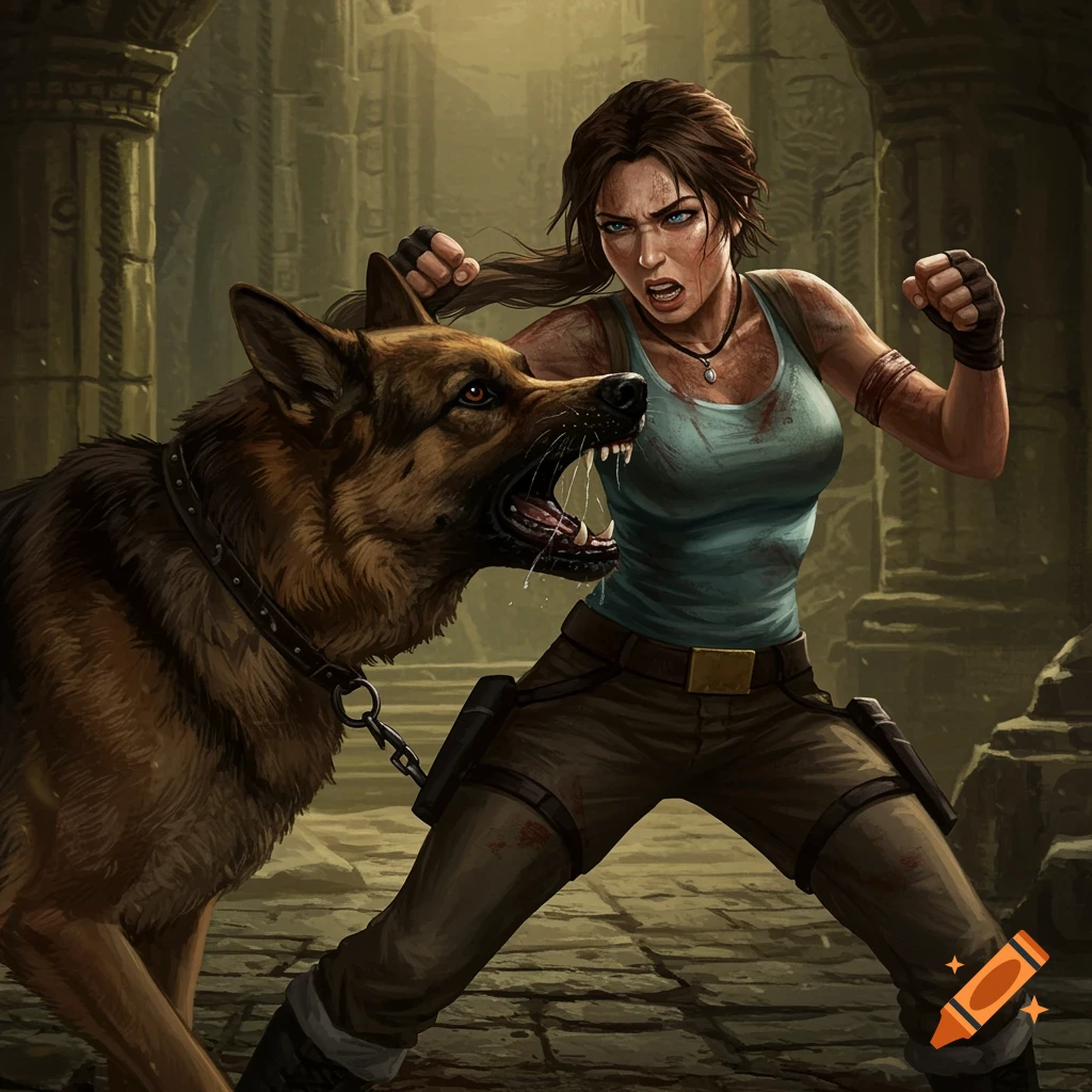 Lara Croft in a fighting stance, facing an aggressive German Shepherd in ancient ruins, digital painting.