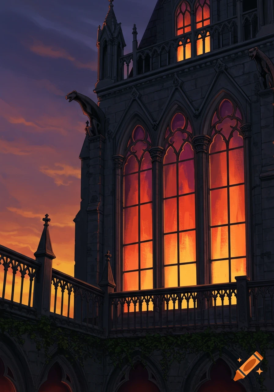 A dark gothic building with large, orange-glowing windows and a gargoyle at sunset.