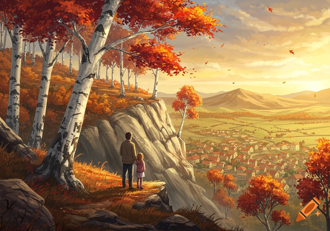 A father and daughter on a rocky, autumn hill dotted with white birch trees, overlooking a vibrant town below at sunset in a digital painting.